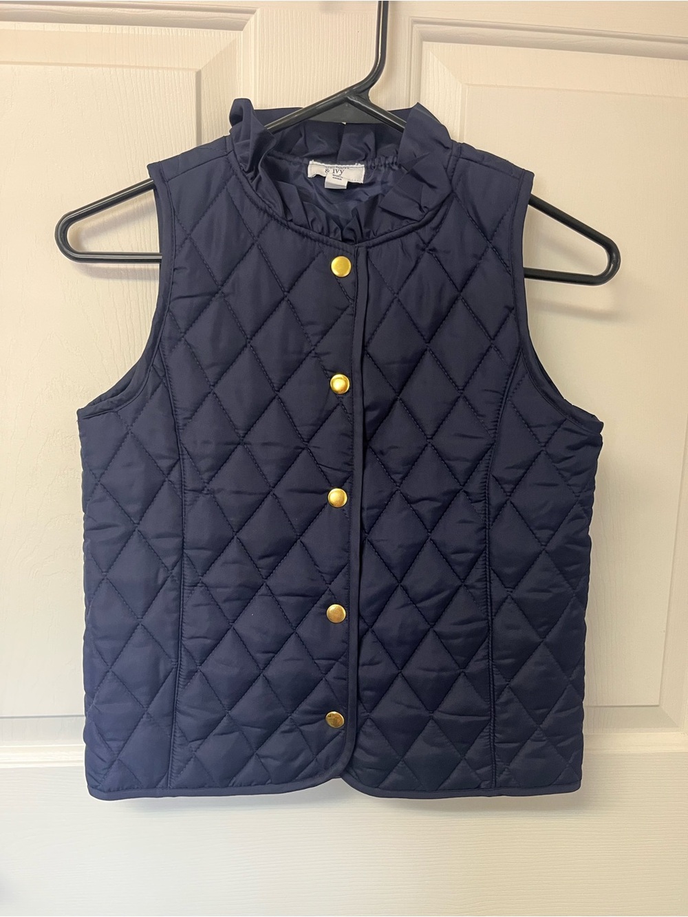 crown & ivy Quilted Navy Vest with Gold Buttons and Ruffle Collar